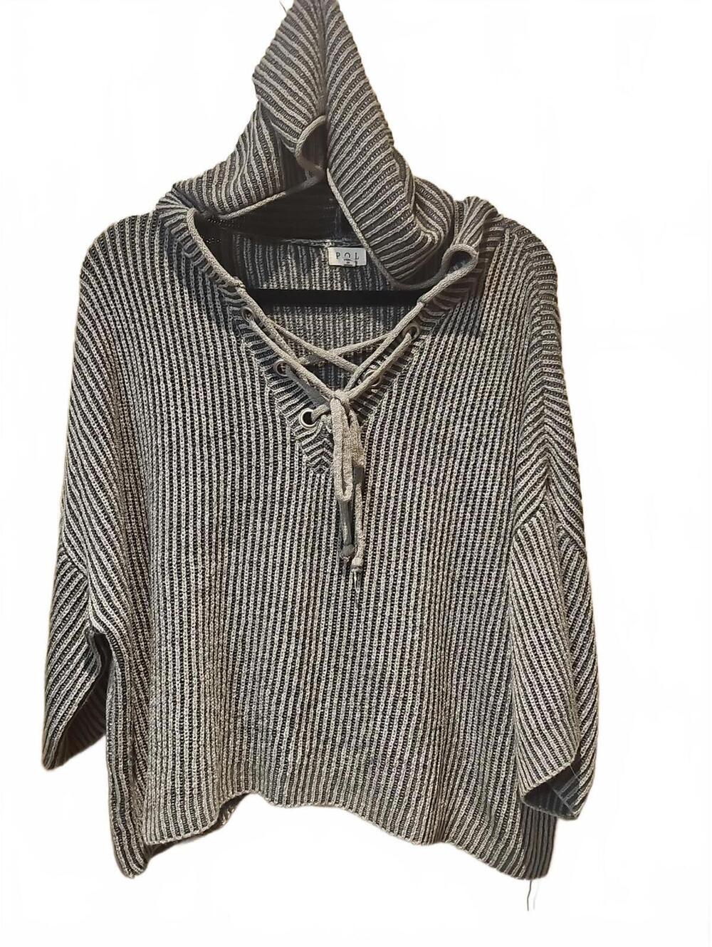 POL Women's Sweater Hoodie Medium Blue And Gray Ribbed Raw Hems Oversized